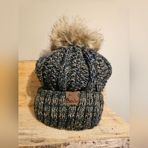 C.C Thick Cable Knit Faux Fuzzy Fur Pom Fleece Lined Winter Hat